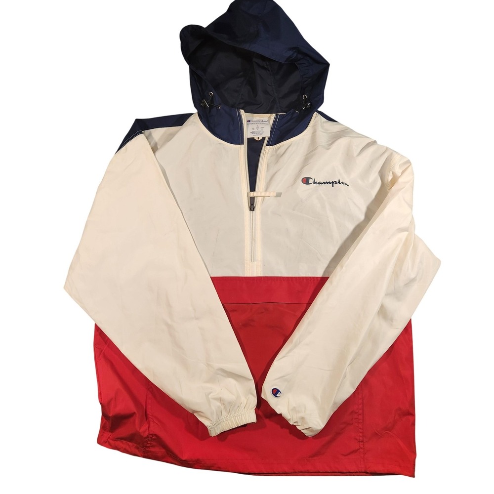 Champion Jacket Mens Large White Red Blue Hooded Anorak Pullover Windbreaker